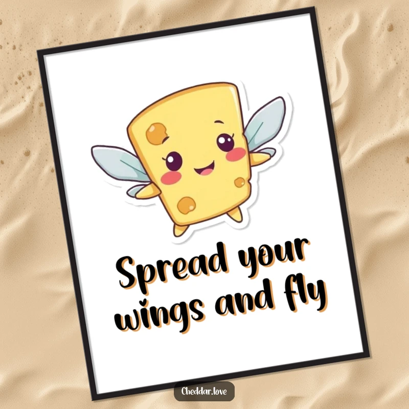 Funny Free Printable Wall Art: Smiling cheese character awkwardly flying with cracker wings, whimsical humor decor.