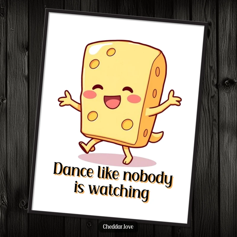Funny Free Printable Wall Art: Smiling cheese piece doing a silly dance, cheerful and humorous decor.