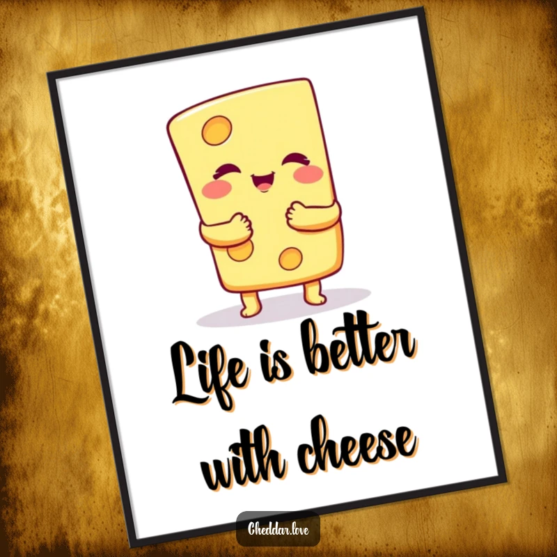 Funny Free Printable Wall Art depicting a happy cheese slice character giving a big, warm, cheesy hug, perfect for kitchens.