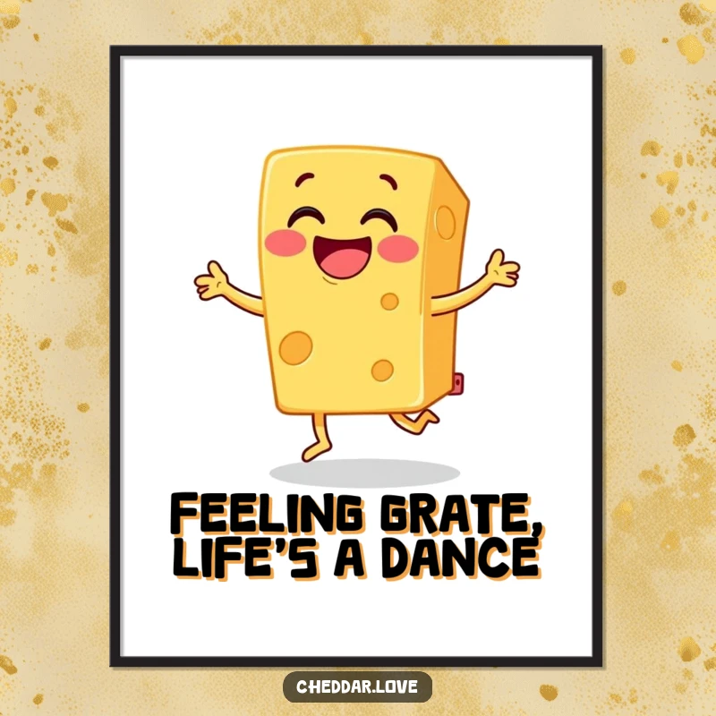 Funny Free Printable Wall Art: A block of grinning cheddar cheese is joyfully dancing and doing a jig.
