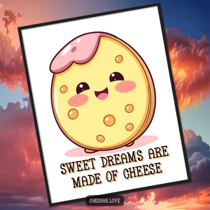 Funny Free Printable Wall Art of a round cheese wheel blushing happily, exuding a sweet and cheerful vibe.