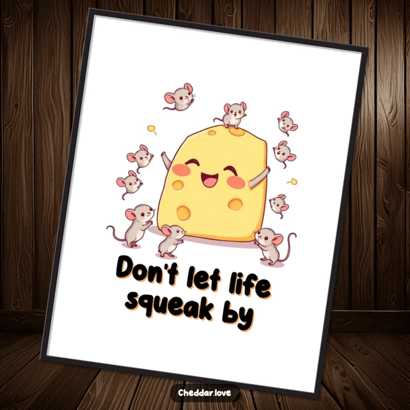 Funny Free Printable Wall Art: A happy wedge of cheese comically juggles three tiny mice with impressive balance.