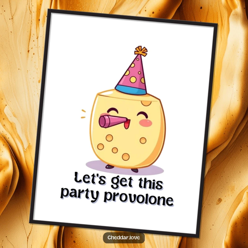 Funny Free Printable Wall Art: A cheese wheel wearing a festive party hat and blowing a noisemaker, radiating pure party spirit.