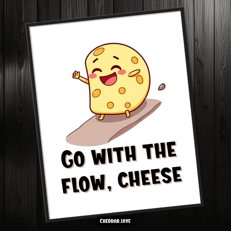Funny Free Printable Wall Art depicting a joyful cheese wheel with a mischievous grin, dynamically rolling downhill.