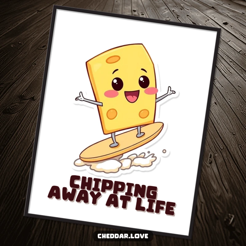 Funny Free Printable Wall Art showcasing a smiling cheese wedge catching a wave on a potato chip, bringing surf vibes home.