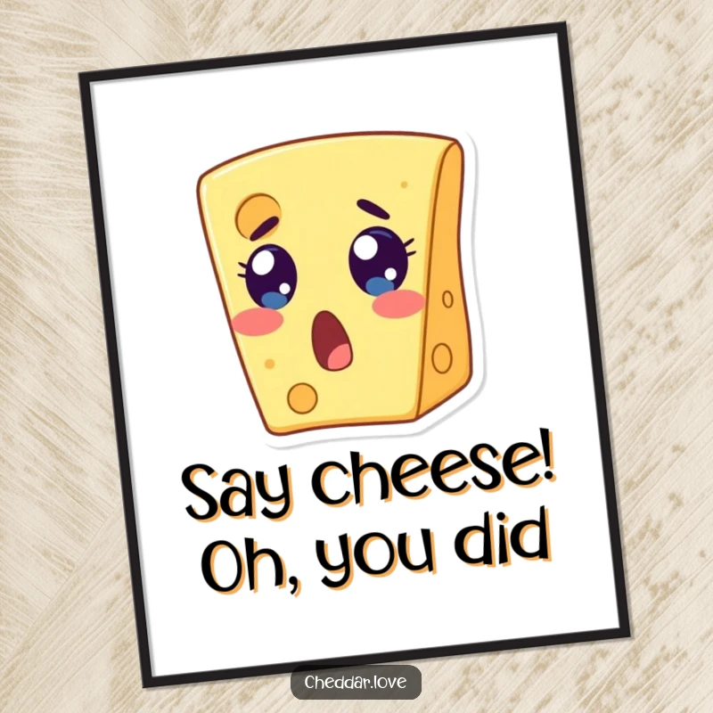 Funny Free Printable Wall Art: A cheese slice with wide, surprised eyes and an open mouth, capturing a moment of utter disbelief.