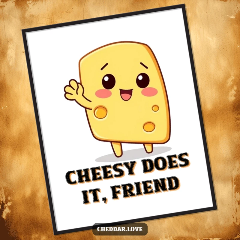 Funny free printable wall art: A happy wedge of cheese is waving with infectious enthusiasm. Deliciously funny decor.