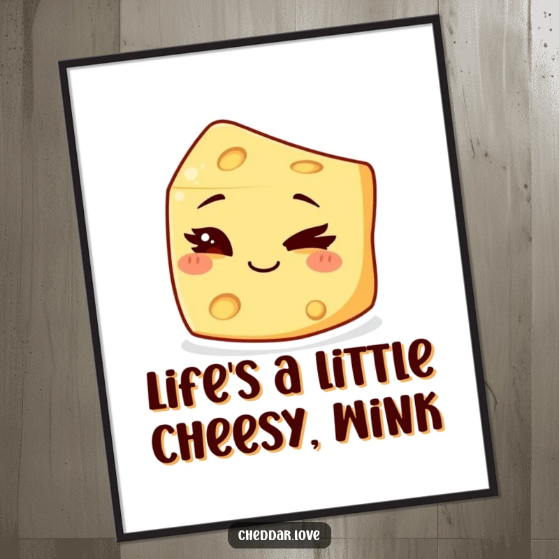 Funny free printable wall art featuring a small, mischievous cheese character giving a sly wink and a cheeky grin.