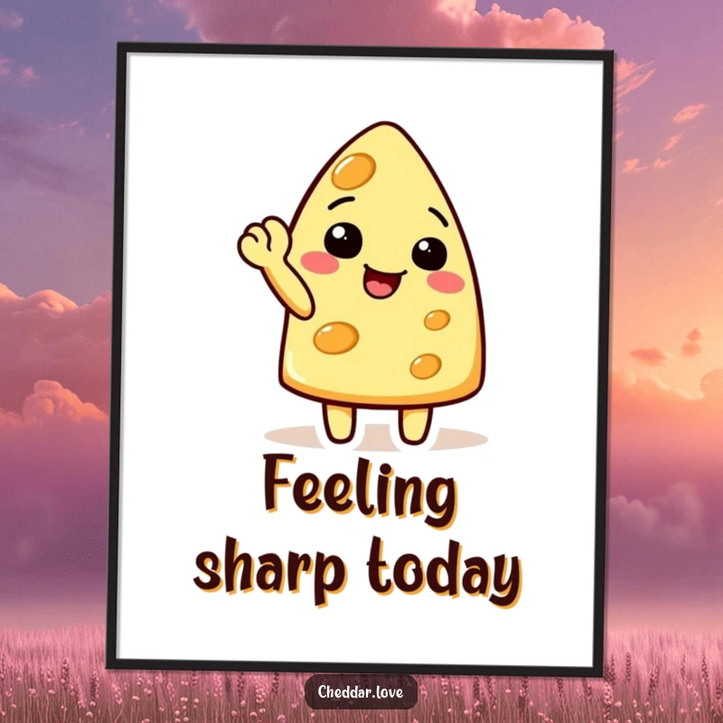 Funny Free Printable Wall Art: Happy cheese character waving with a raised corner, full of friendly cheer.