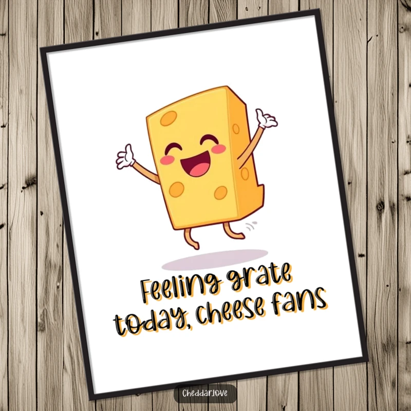 Funny Free Printable Wall Art: A grinning piece of cheddar cheese in mid-dance, celebrating joyfully, ideal for humorous wall decor.