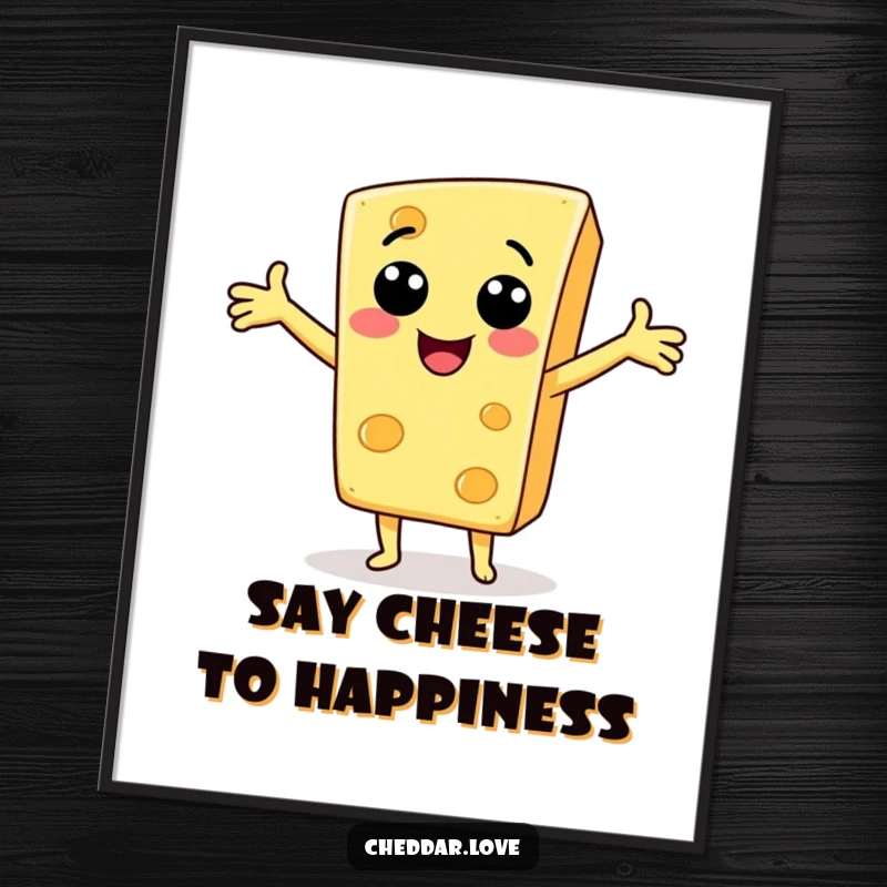 Funny Free Printable Wall Art: A cheerful cheese slice character with arms wide open, offering a warm, cheesy greeting.