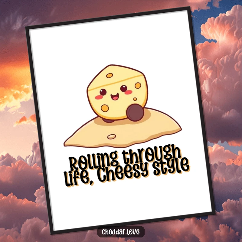 Funny free printable wall art, a smiling cheese wheel gleefully rolling down a gentle hill, bringing smiles.