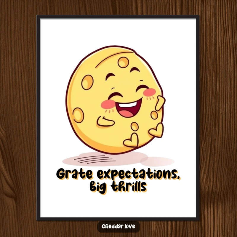 Funny Free Printable Wall Art: A joyful cheese wheel with a mischievous grin rolls downhill, adding dynamic energy to your decor.