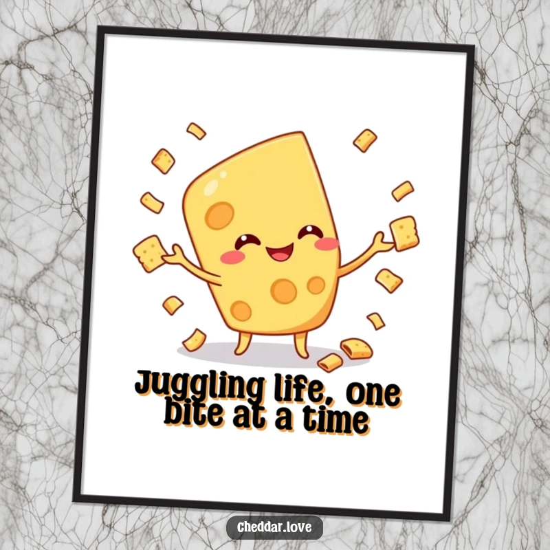 Funny Free Printable Wall Art: A smiling cheese character skillfully juggling tiny crackers, showcasing impressive balance.