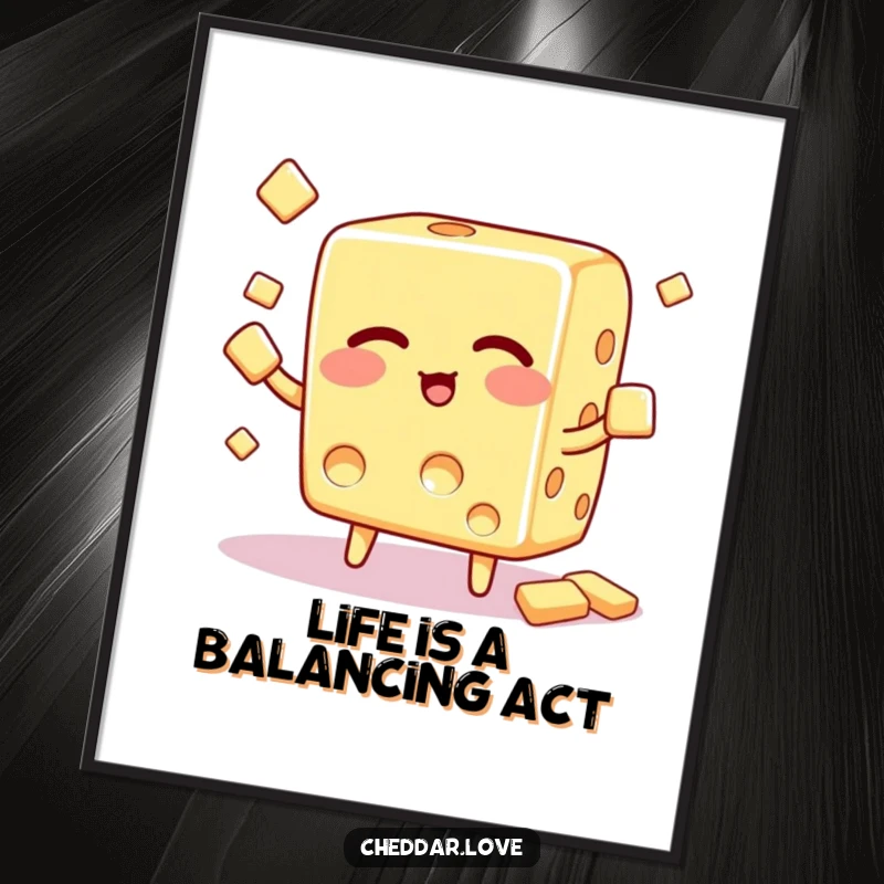 Funny Free Printable Wall Art depicting a winking cheese cube masterfully juggling small crackers, adding a whimsical touch.
