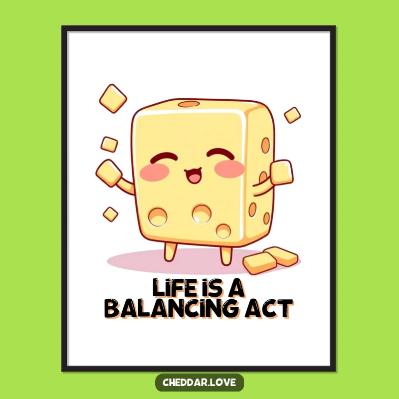 Free Printable Wall Art: Juggling Cheese Cube Funny Downloadable Decor for Kitchen