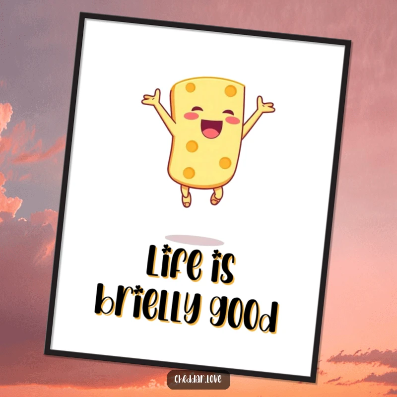 Funny Free Printable Wall Art: A cheese chunk is captured leaping high in the air with sheer, unbridled excitement.