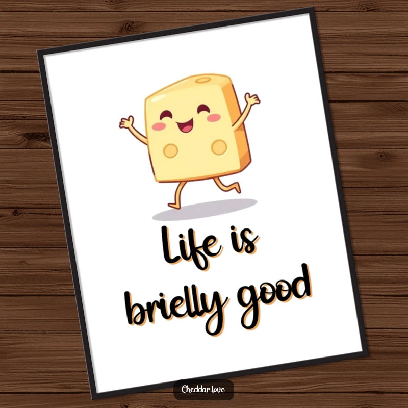 Funny Free Printable Wall Art: A wedge of cheese joyfully dancing with its tiny legs.