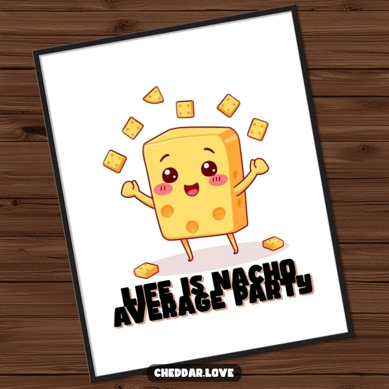 Funny free printable wall art, a block of cheese joyfully juggling numerous tiny crackers, a whimsical addition.