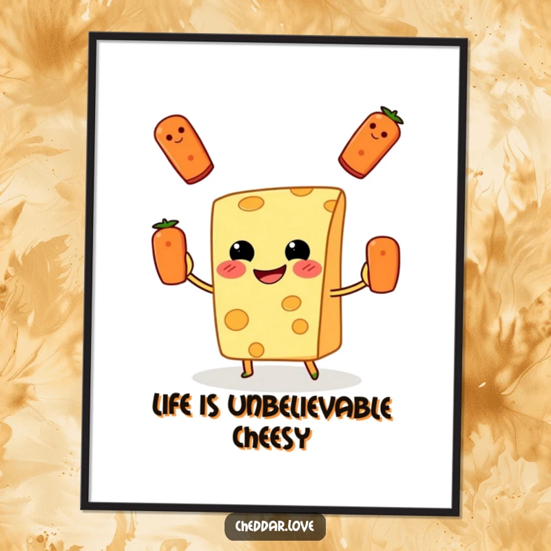 Funny Free Printable Wall Art: a grinning cheese slice gleefully juggles tiny pepperonis, creating a playful food scene.