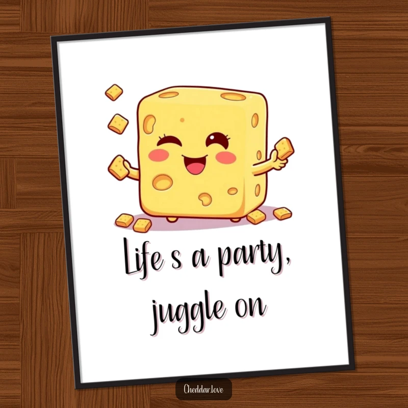 Funny Free Printable Wall Art: A winking cheese cube masterfully juggles crackers, showcasing impressive dexterity and charm.