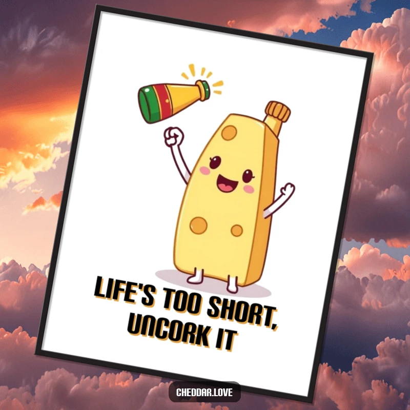 Funny free printable wall art of a cheese slice character holding a mini champagne bottle, ready to celebrate anything.