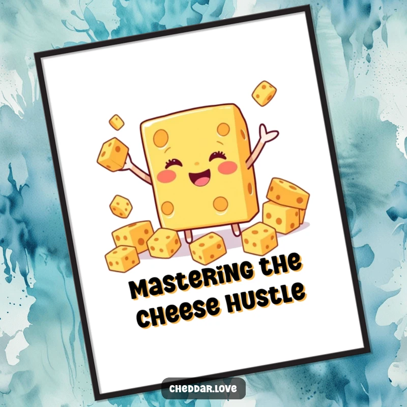 Free Printable Wall Art: Smiling cheddar cheese block enthusiastically juggling small cheese cubes, a humorous and quirky decor piece.