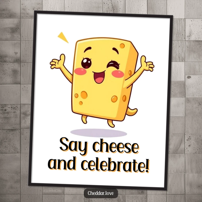 Funny Free Printable Wall Art: A grinning piece of cheddar cheese performing an exuberant and triumphant dance.