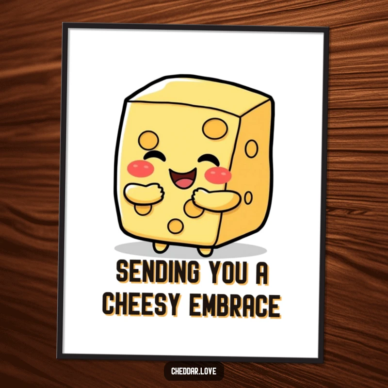 Funny Free Printable Wall Art: A happy cheese slice giving a big, welcoming hug, perfect for adding whimsical and humorous decor.