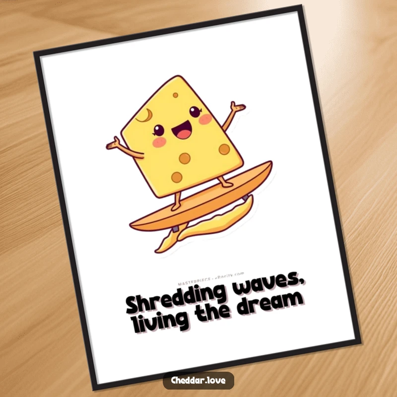 Funny Free Printable Wall Art: A smiling cheese wedge expertly surfs a potato chip, bringing coastal fun indoors.