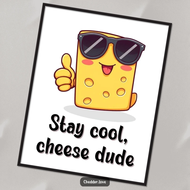 Funny Free Printable Wall Art: A cool cheddar cheese slice wearing sunglasses and giving a thumbs up, ready to hang.