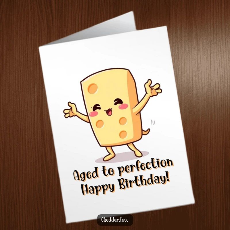 Funny Free Printable Birthday Card showing a cheese wedge striking a dramatic, flamboyant pose with a flourish, ready to celebrate.