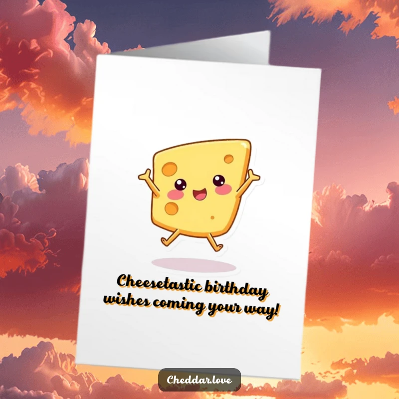 Funny Free Printable Birthday Card featuring a giddy cheese wedge doing a cartwheel with a smile, perfect for DIY gifts.
