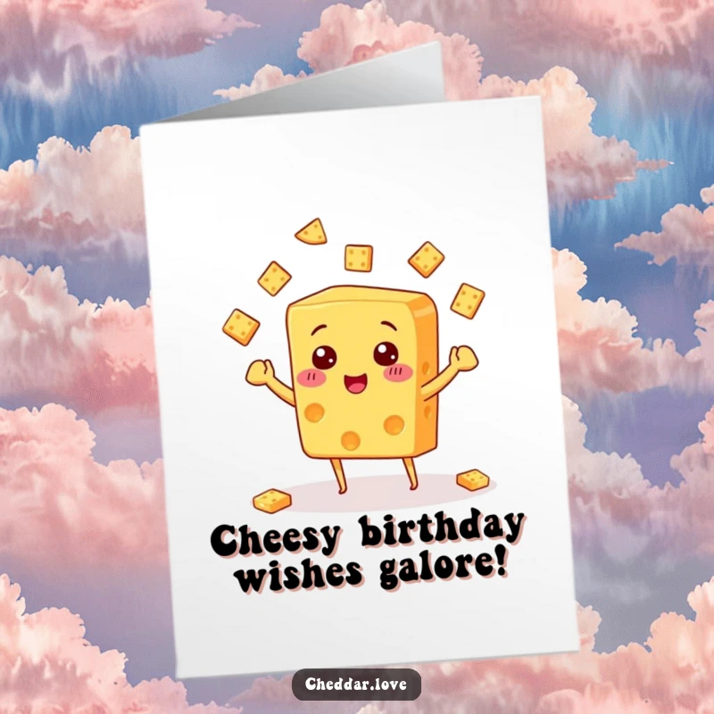 Funny free printable birthday card, a cheerful cheese block gleefully juggling small crackers, perfect for a laugh.
