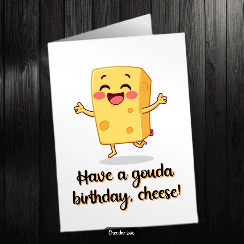 Funny Free Printable Birthday Card: Grinning block of cheddar cheese doing a joyful jig for birthday wishes.