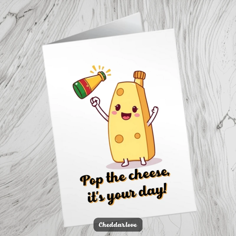 Funny free printable birthday card showing a slice of cheese holding a mini champagne bottle for a celebratory toast.