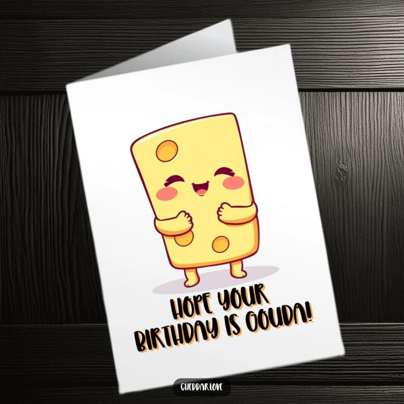 Funny Free Printable Birthday Card featuring a cheerful cheese slice character giving a warm, cheesy hug, ready for celebration.