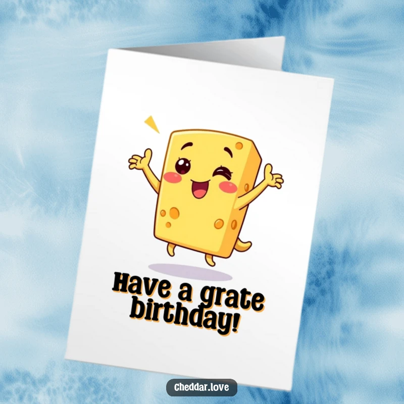 Funny Free Printable Birthday Card: A grinning piece of cheddar cheese doing a joyful, triumphant dance.
