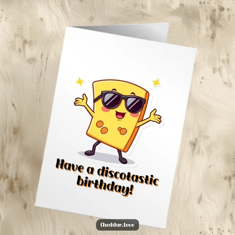 Funny Free Printable Birthday Card featuring a cool cheese slice in sunglasses doing a disco pose, great DIY gift.