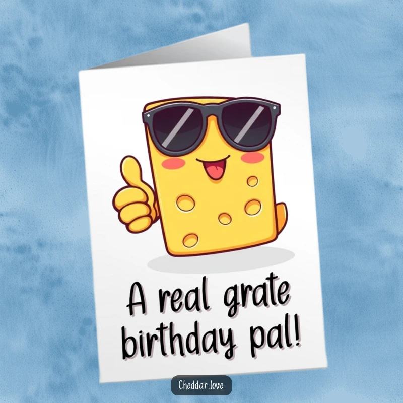 Funny Free Printable Birthday Card: Cheddar cheese slice in sunglasses gives a thumbs up, ready to party.
