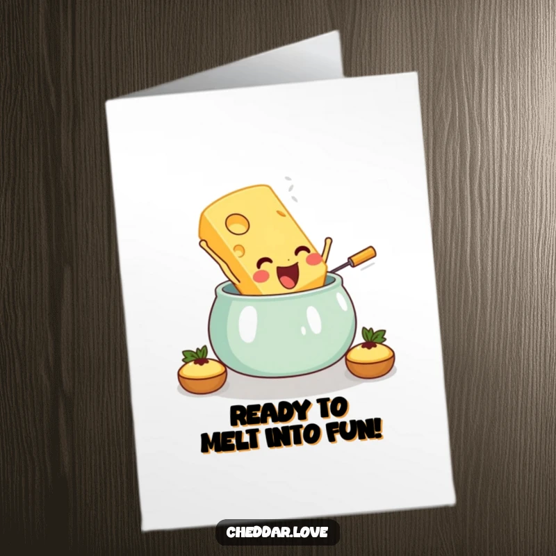 Funny Free Printable Birthday Card featuring a jubilant cheese slice diving headfirst into a bubbling fondue pot.