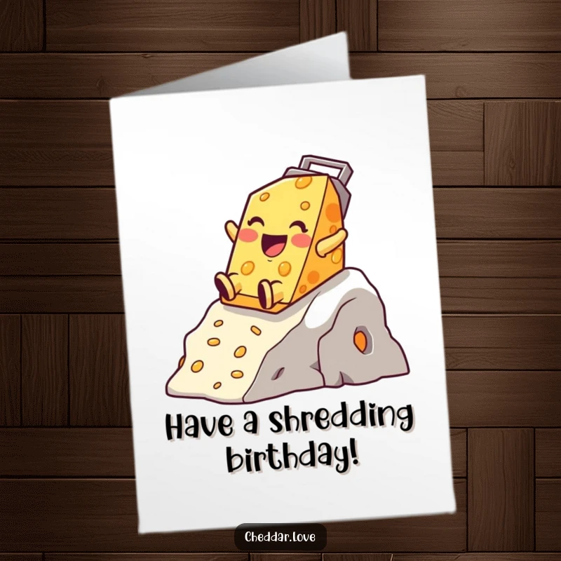 Funny Free Printable Birthday Card: Happy cheddar cheese character gleefully sliding down a steep cheese grater mountain.