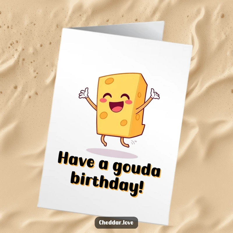 Funny Free Printable Birthday Card: A grinning piece of cheddar cheese doing a triumphant dance, perfect for a humorous birthday greeting.