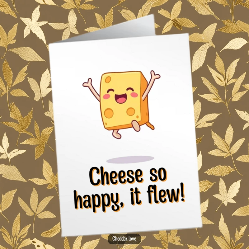 Funny Free Printable Birthday Card: A cheese block joyfully leaps mid-air, celebrating with pure, unadulterated glee.