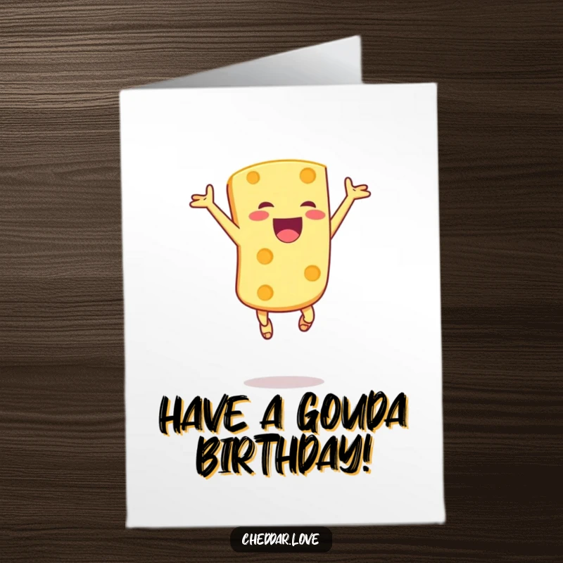 Funny Free Printable Birthday Card: A joyful cheese chunk leaps high in the air with pure excitement.