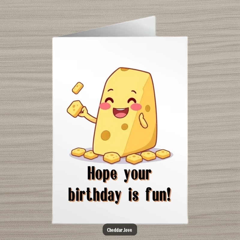 Funny Free Printable Birthday Card: A grinning wedge of cheese playfully juggling tiny crackers, celebrating merrily.