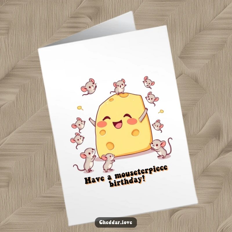 Funny Free Printable Birthday Card: A happy cheese wedge comically juggles three tiny mice with surprising skill.