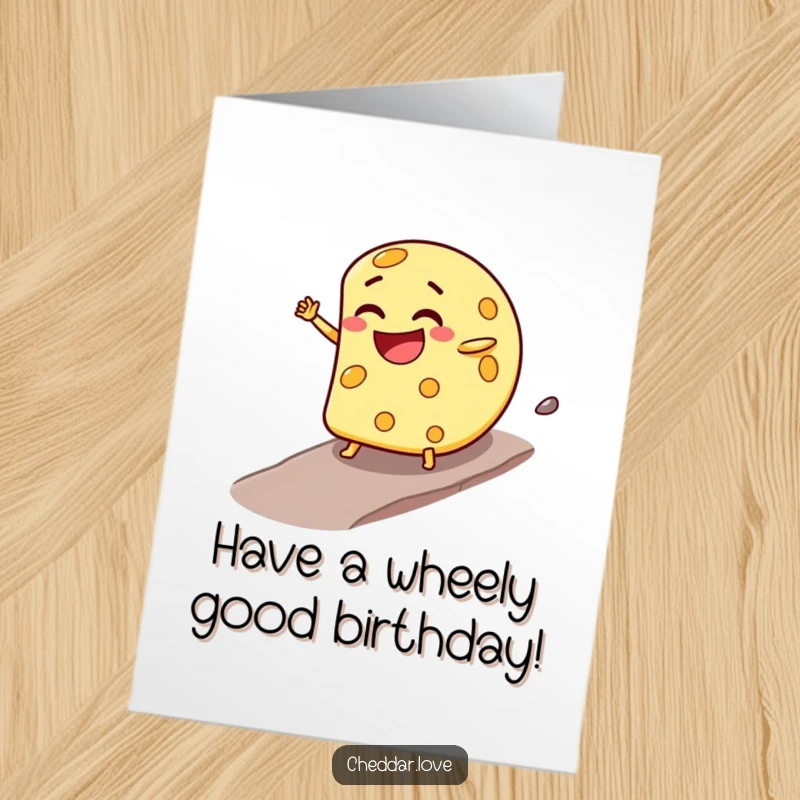Funny Free Printable Birthday Card showing a joyful cheese wheel with a mischievous grin, tumbling downhill for a wild celebration.