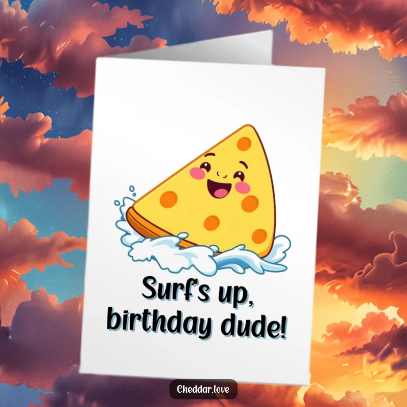 Funny Free Printable Birthday Card: Grinning cheddar cheese wedge playfully surfing a dynamic, cheesy wave with a smile.
