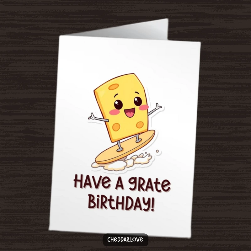 Funny Free Printable Birthday Card showing a grinning cheese wedge expertly surfing a potato chip, celebrating with joyful abandon.